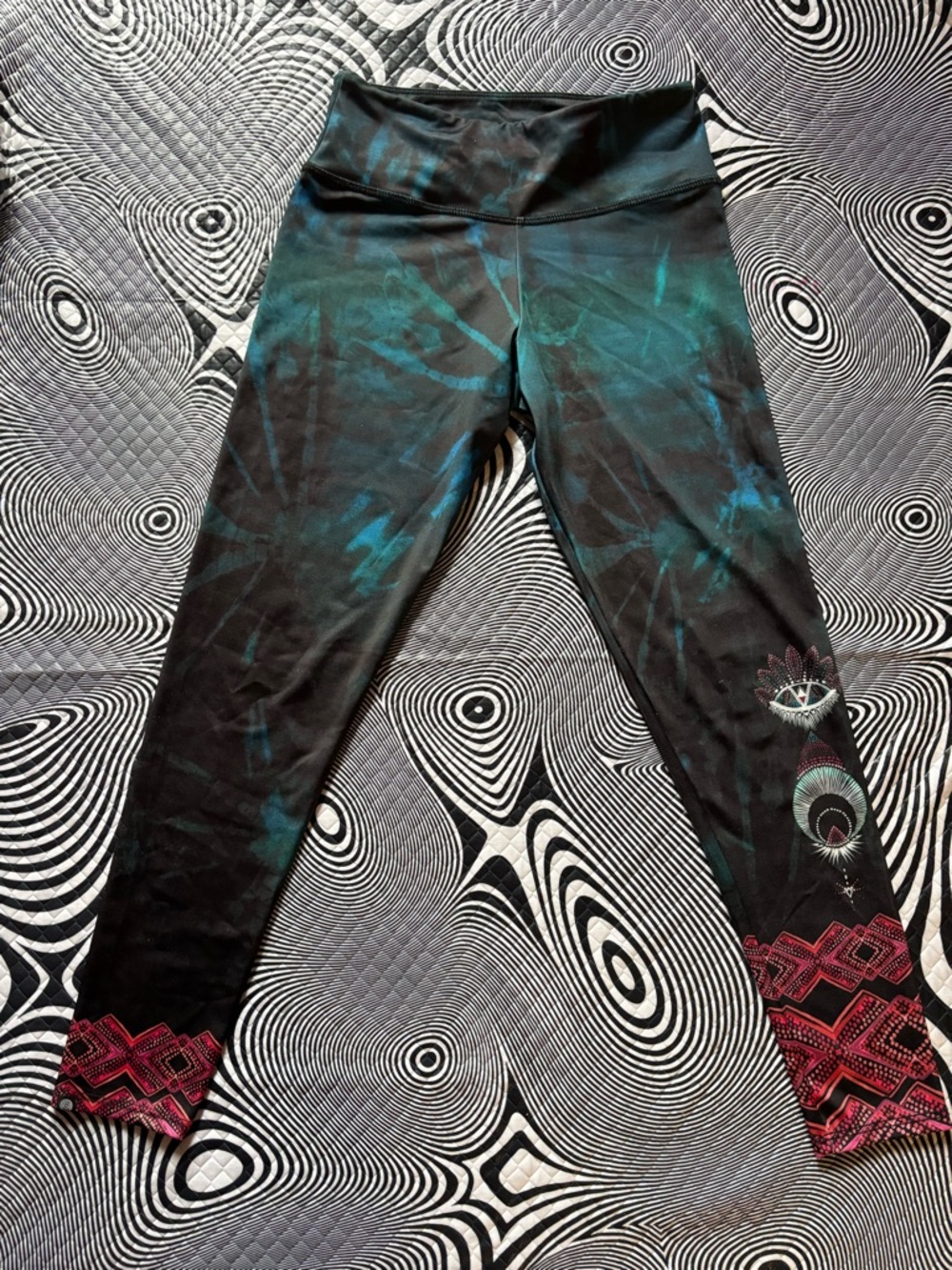Onzie Black Leggings with Teal Tie-Dye and Pink Geometric Cuffs